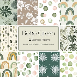 Puede incluir: Una colección de 40 patrones sin costuras con el tema Boho Green. Los patrones incluyen diseños de acuarela de hojas, flores, flechas, arcoíris y soles. La paleta de colores presenta tonos de verde, beige y melocotón.