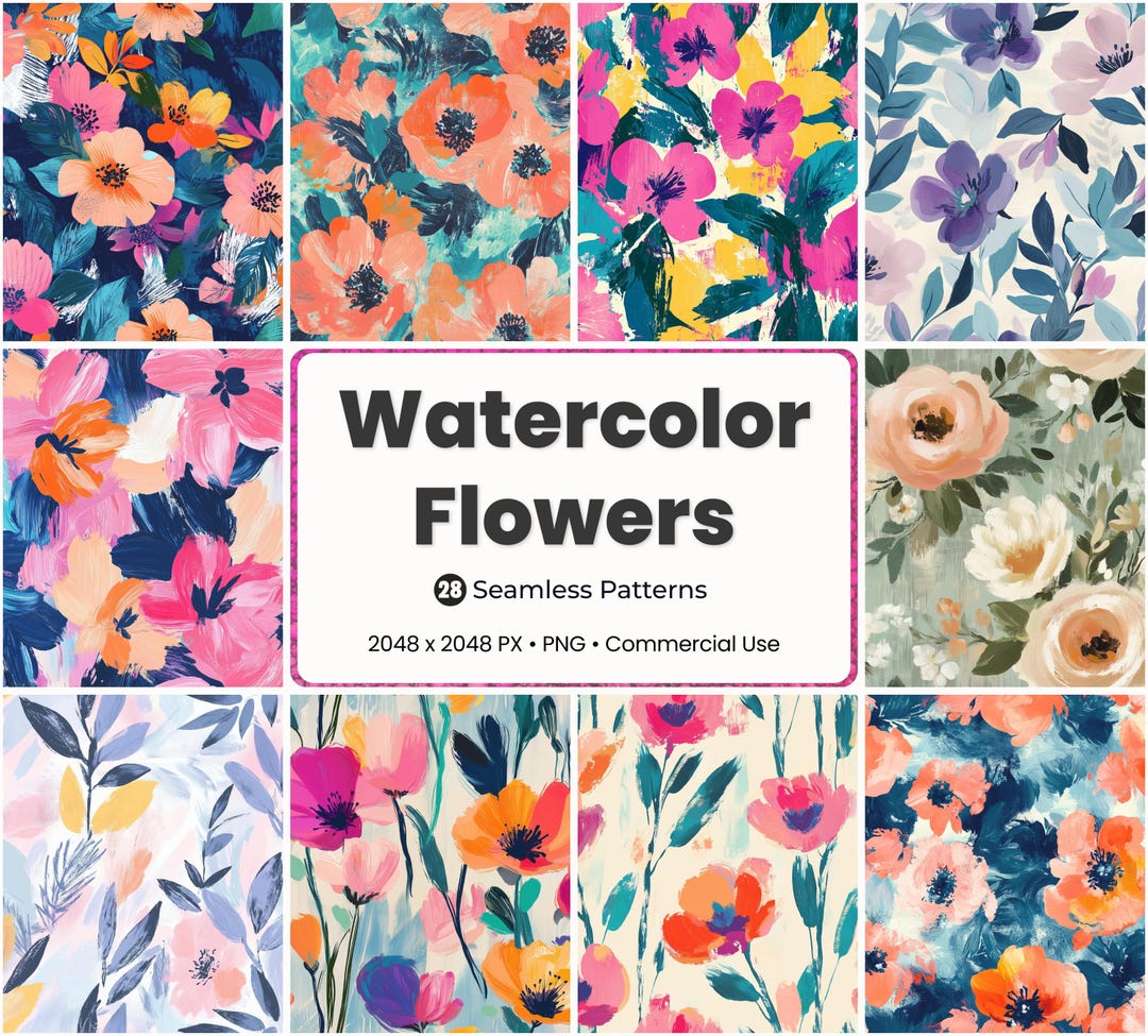 28 Watercolor Flowers Seamless Patterns, Floral Digital Papers PNG ...