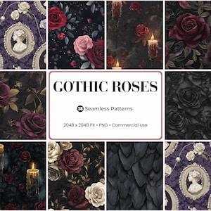 May include: A collection of seamless patterns with a gothic theme. The patterns feature dark roses, candles, and cameo portraits in shades of black, red, and purple. The text "Gothic Roses" is displayed on a white background.
