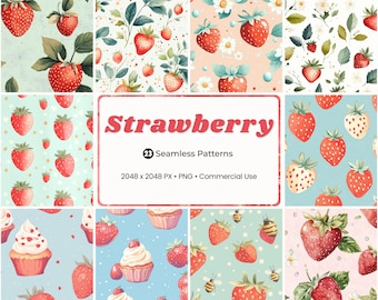 Strawberry Seamless Patterns, Fruit Digital Paper, Pastel Kawaii Printable, Scrapbook Fabric Sublimation