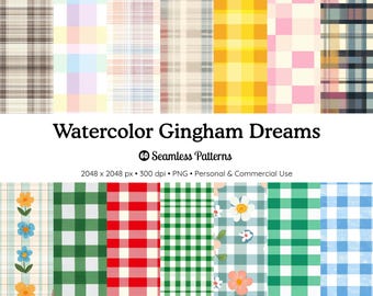 Watercolor Gingham Patterns: Seamless Plaid Digital Paper (PNG, 300 DPI)