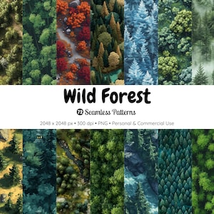 Può includere: Una collezione di 12 motivi senza cuciture con diverse scene di foresta. I motivi presentano vari tipi di foreste, tra cui lussureggianti chiome verdi, fogliame autunnale e paesaggi innevati. Il testo "Wild Forest" e i dettagli del motivo sono inclusi.