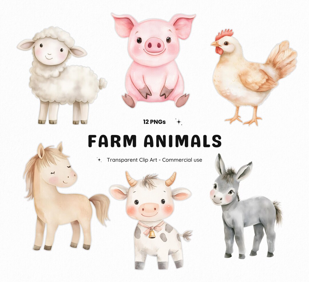 12 Farm Animals Clipart PNG, Baby Farm Animal, Cow Pig Sheep Horse ...