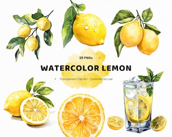 28 cliparts aquarelle citron PNG, branche d'agrumes, tranche de citron, décoration de cuisine d'été, sublimation, ensemble de téléchargement imprimable kit de créations DIY