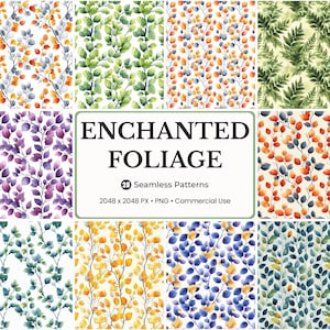 Enchanted Foliage Watercolor Seamless Pattern (28 PNG Digital Paper)