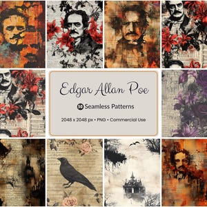 Edgar Allan Poe Seamless Patterns | Gothic Vintage PNG Digital Paper | Dark Raven Skull Floral Backgrounds | 50 Designs | Commercial Use
