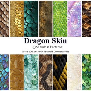 Dragon Skin Seamless Patterns: Fantasy Reptile Scales Digital Textures (PNG, Commercial Use)