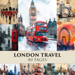 Puede incluir: Una colección de ilustraciones en acuarela con emblemáticos lugares de Londres. Las imágenes incluyen el Big Ben, un autobús de dos pisos rojo, el London Eye y el Tower Bridge. El texto "LONDON TRAVEL -80 PAGES-" se muestra en la parte inferior.