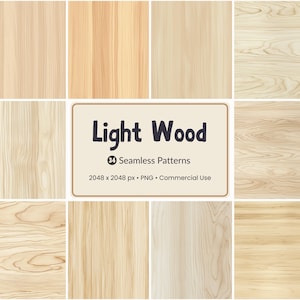 May include: A collection of nine light wood textures in various grain patterns. The image includes a central rectangular graphic with the text "Light Wood" and details about the seamless patterns, resolution, and usage rights.
