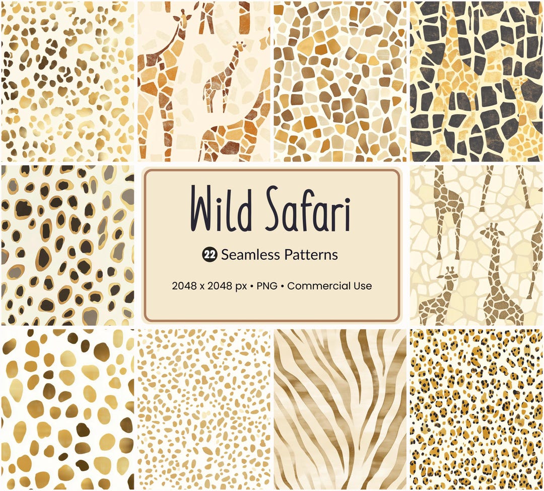 22 Wild Safari Seamless Patterns | Gold Giraffe Leopard Zebra Spots ...