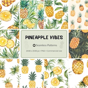May include: A collection of watercolor pineapple patterns. The image features various seamless designs with whole and sliced pineapples, green leaves, and the text "PINEAPPLE VIBES". The patterns are suitable for commercial use.