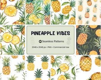 Watercolor Pineapple Seamless Patterns: Tropical PNG Backgrounds (Commercial Use, Digital Download