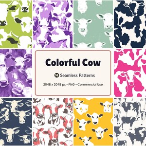 May include: A collection of 36 seamless patterns featuring colorful cow designs. The patterns showcase cow faces and abstract cow patterns in various colors, including green, purple, pink, and yellow. The text "Colorful Cow" is displayed.