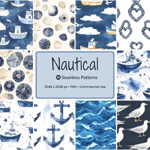 May include: A selection of watercolour nautical-themed seamless patterns. The patterns feature boats, seashells, anchors, waves, and seagulls in shades of blue and white. The image includes a sign that reads "Nautical" and details about the patterns.