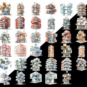 May include: Watercolor illustrations of modern architectural designs. The buildings feature a variety of shapes, colors, and styles, including stacked cubes, glass facades, and rooftop gardens. The color palette includes orange, red, and blue.