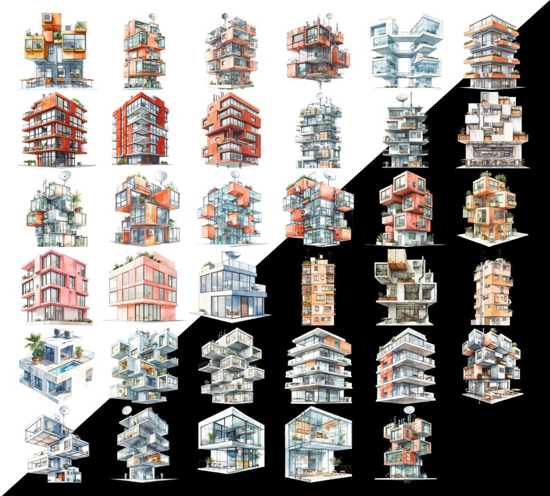May include: Watercolor illustrations of modern architectural designs. The buildings feature a variety of shapes, colors, and styles, including stacked cubes, glass facades, and rooftop gardens. The color palette includes orange, red, and blue.