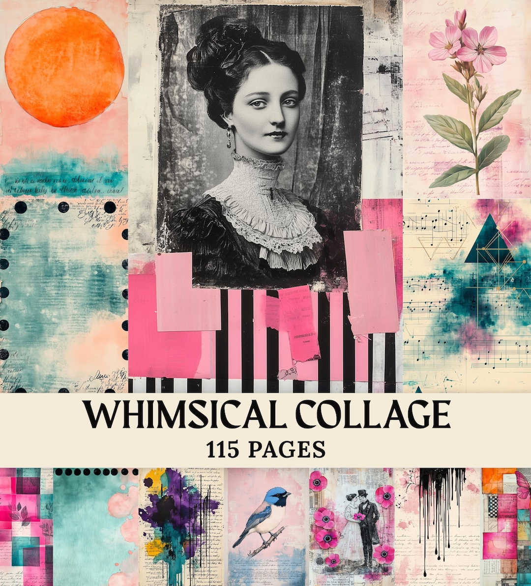 Whimsical Collage Junk Journal Pages, Vintage Mixed Media Digital Paper ...