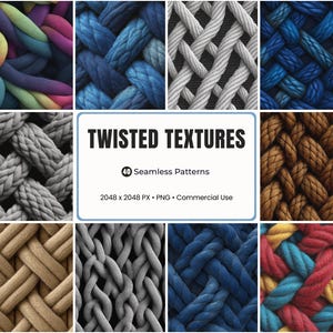 40 Twisted Rope & Braid Seamless Textures Bundle PNG | 2048x2048 | Fabric, Knit, Cord Patterns for Procreate, Canva, Sublimation, Photoshop