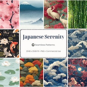 May include: A collection of 40 seamless patterns with a Japanese theme. The patterns include images of cherry blossoms, mountains, cranes, bamboo, koi fish, waves, and trees. The text on the image reads "Japanese Serenity".