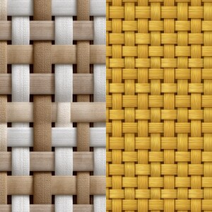 May include: A close-up of two woven textures. The left side features a pattern of beige, white, and brown interwoven strips. The right side displays a solid gold-yellow woven pattern. The textures are tightly woven, creating a detailed and visually appealing design.