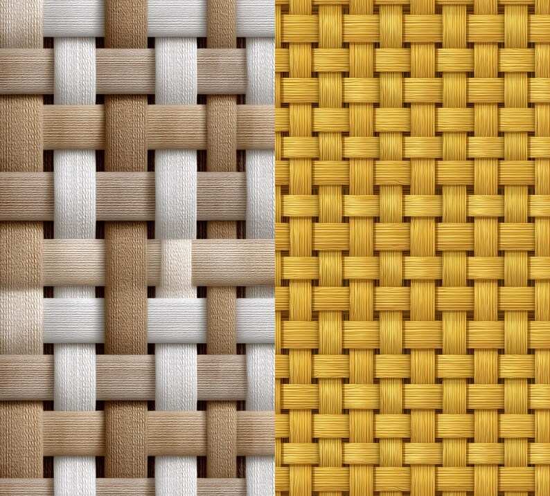 May include: A close-up of two woven textures. The left side features a pattern of beige, white, and brown interwoven strips. The right side displays a solid gold-yellow woven pattern. The textures are tightly woven, creating a detailed and visually appealing design.