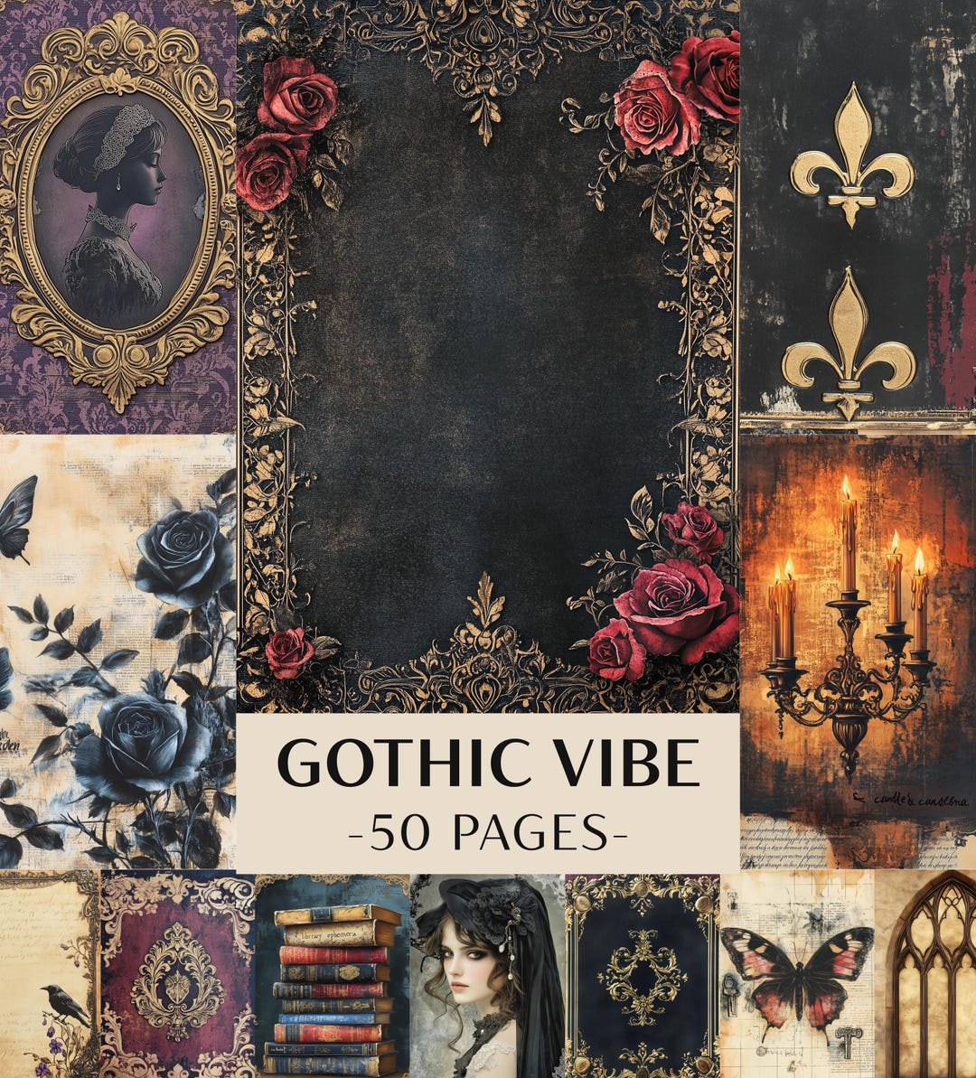 50 Gothic Vibe Junk Journal Pages Printable | Dark Victorian Roses Gold ...