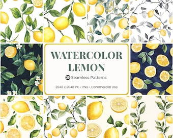 Watercolor Lemon Seamless Patterns, Citrus Digital Paper (PNG, Commercial Use)