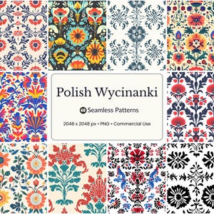 May include: A selection of 40 seamless patterns showcasing floral and abstract designs. The patterns use a range of colours, including red, blue, yellow, and black, with detailed elements. The text "Polish Wycinanki" is displayed in the centre.