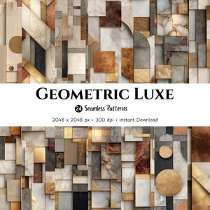 May include: A digital art piece featuring a mosaic of geometric shapes in various colors and textures. The design includes marble, gold, and other materials, with the text "GEOMETRIC LUXE" and details about the patterns.