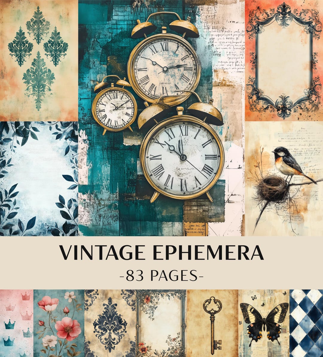 Teal Blue Vintage Ephemera Kit | Shabby Chic Junk Journal (A4 PDF DL ...