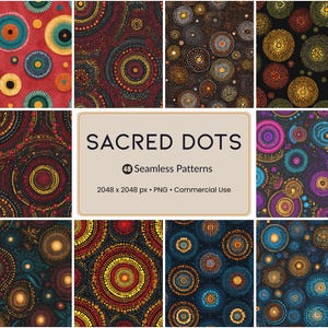 Può includere: Una collezione di 48 motivi senza cuciture con disegni circolari a punti in vari colori. I motivi includono rosso, nero, oro, blu e viola. Il testo "SACRED DOTS" è visualizzato su uno sfondo beige.