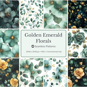 Peut inclure: Une collection de motifs floraux à l'aquarelle dans des tons de teal, or et blanc. L'image comprend divers motifs floraux, notamment des roses, des feuilles et des arrangements floraux abstraits. Le texte indique "Golden Emerald Florals" et "40 Seamless Patterns".
