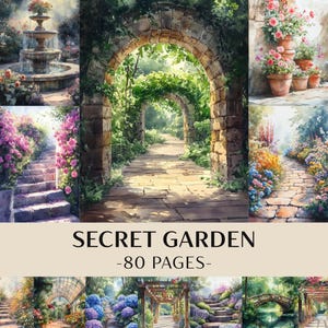 May include: A watercolour illustration depicting a secret garden with stone archways, pathways, and colourful flowers. The image includes a fountain, steps, and a bridge, with the text "SECRET GARDEN -80 PAGES-" at the bottom.