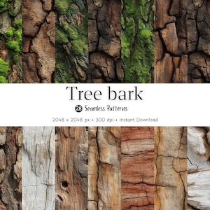 Peut inclure: Un collage de textures d'écorce d'arbre dans diverses nuances de marron, de gris et de vert. L'image comprend une variété de motifs sans couture, avec le texte "Tree bark" et "28 Seamless Patterns".