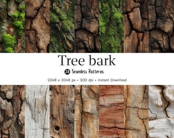 Könnte beinhalten: Eine Collage von Baumrindentexturen in verschiedenen Braun-, Grau- und Grüntönen. Das Bild enthält eine Vielzahl nahtloser Muster mit dem Text "Tree bark" und "28 Seamless Patterns".