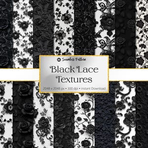 Black Lace Seamless Patterns | Elegant Floral Lace Digital Paper for Gothic Decor | 300 DPI JPEG Instant Download
