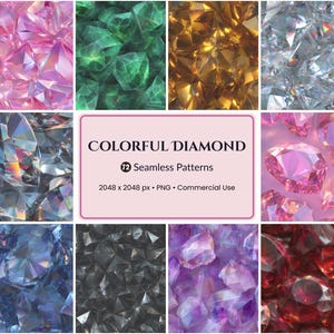 May include: A collection of seamless patterns featuring colorful diamond designs. The patterns showcase various colors, including pink, green, gold, and blue. The image includes text that reads "COLORFUL DIAMOND" and "72 Seamless Patterns".