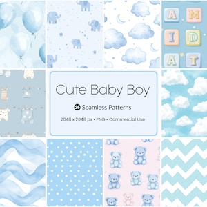Puede incluir: Una colección de 26 patrones sin costuras en tonos azules, con diseños temáticos para bebés. Los patrones incluyen globos, elefantes, nubes, ropa de bebé, bloques de letras, osos de peluche, lunares y líneas onduladas. Se muestra el texto "Cute Baby Boy".