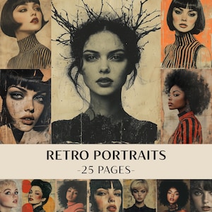Op de afbeelding: Een verzameling retro portretten met vrouwen met verschillende kapsels en uitdrukkingen. De afbeeldingen zijn in vintage stijl, met een sepia tint en artistieke details. De tekst "RETRO PORTRAITS -25 PAGES-" staat onderaan.