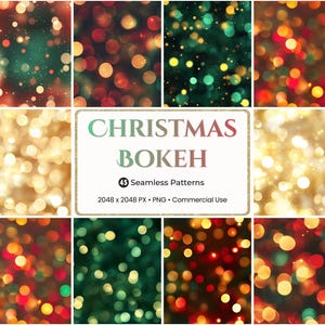 May include: A collection of Christmas bokeh patterns in various colors, including red, green, gold, and orange. The image features a central text box that reads "CHRISTMAS BOKEH" and details about the patterns.