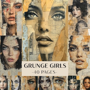 Op de afbeelding: Een collage met portretten van vrouwen met een grunge-esthetiek, overlegd met gescheurd papier en vintage kaartfragmenten. De tekst "GRUNGE GIRLS -40 PAGES-" wordt weergegeven op een beige banner.