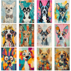 May include: A collection of twelve colorful dog portraits. Each artwork features a different breed, with vibrant backgrounds and unique artistic styles. Some dogs wear accessories like bow ties and crowns.