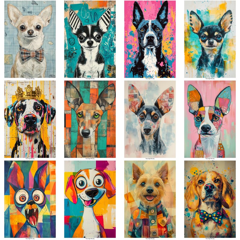 May include: A collection of twelve colorful dog portraits. Each artwork features a different breed, with vibrant backgrounds and unique artistic styles. Some dogs wear accessories like bow ties and crowns.