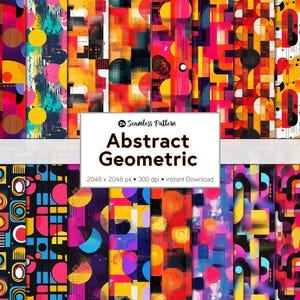 Könnte beinhalten: Ein Set mit 24 nahtlosen Mustern mit abstrakten geometrischen Designs in leuchtenden Farben wie Rot, Gelb, Blau und Schwarz. Die Muster sind perfekt für digitales Scrapbooking, Basteln und andere kreative Projekte.