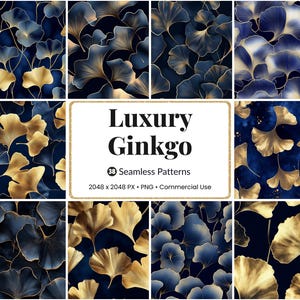 Peut inclure: Plusieurs motifs sans couture avec des feuilles de ginkgo dorées et bleu marine. L'image comprend le texte "Luxury Ginkgo" et des détails sur les motifs, y compris le nombre de motifs, la taille de l'image et l'utilisation commerciale.