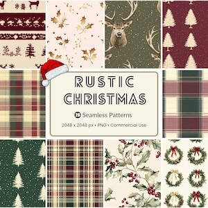 Puede incluir: Una colección de 28 patrones sin costuras con temática navideña rústica. Los patrones incluyen cuadros, ciervos, árboles de Navidad, acebo y coronas. La paleta de colores presenta rojo, verde, beige y dorado.