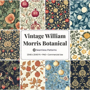Könnte beinhalten: Neun nahtlose Muster im Raster, die botanische Designs mit Blumen- und Fruchtmotiven in verschiedenen Farbschemata zeigen. Ein zentrales Textfeld zeigt "Vintage William Morris Botanical", was eine Vielzahl von dekorativen Optionen bietet.
