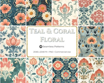 May include: A collection of 33 seamless floral patterns in teal and coral. The patterns feature various floral designs, including poppies, daisies, and stylized blooms, with a vintage aesthetic. The image includes the text "TEAL & CORAL FLORAL".