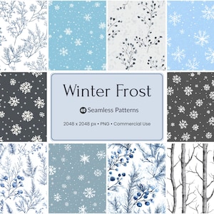 May include: A collection of winter-themed seamless patterns. The patterns include snowflakes, branches, and berries in shades of blue, gray, and white. The text "Winter Frost" is displayed in a blue rectangle, along with details about the patterns.