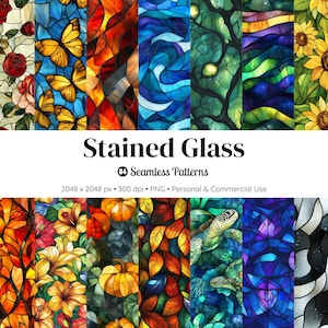 Op de afbeelding: Een verzameling naadloze patronen van glas-in-lood. De patronen bevatten verschillende ontwerpen, waaronder bloemen, vlinders en abstracte vormen. De tekst "Stained Glass" en "84 Seamless Patterns" is zichtbaar.